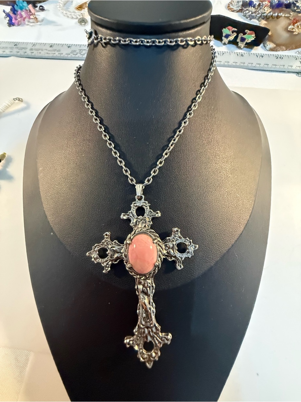 Vintage Ornate Silver Cross Necklace with Pink Center Stone Guc